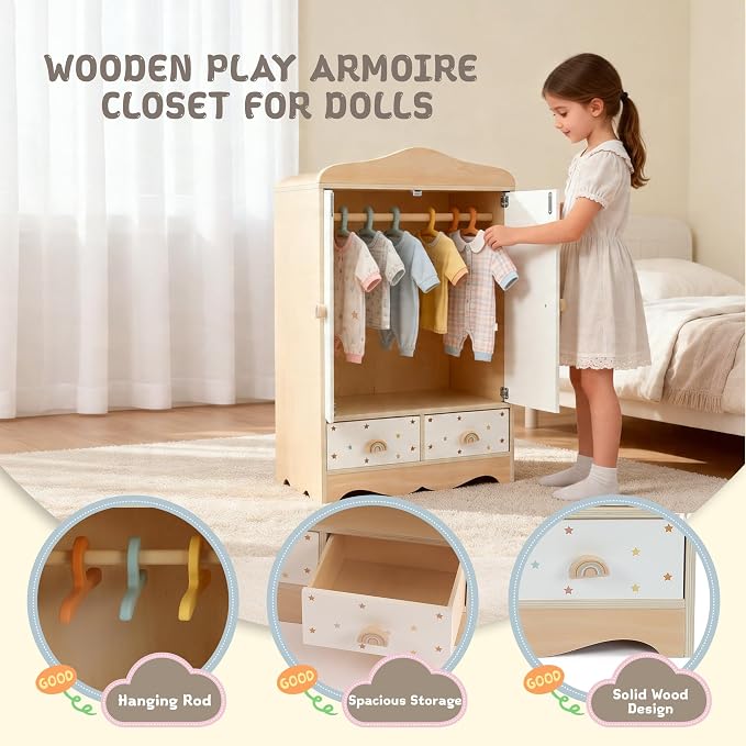 Freniland Wooden Doll Dress-Up Organizer with Doors, 3 Hangers & 2 Drawers, Doll Furniture, Pretend Play Storage Cabinet Gift for Girls Ages 3+