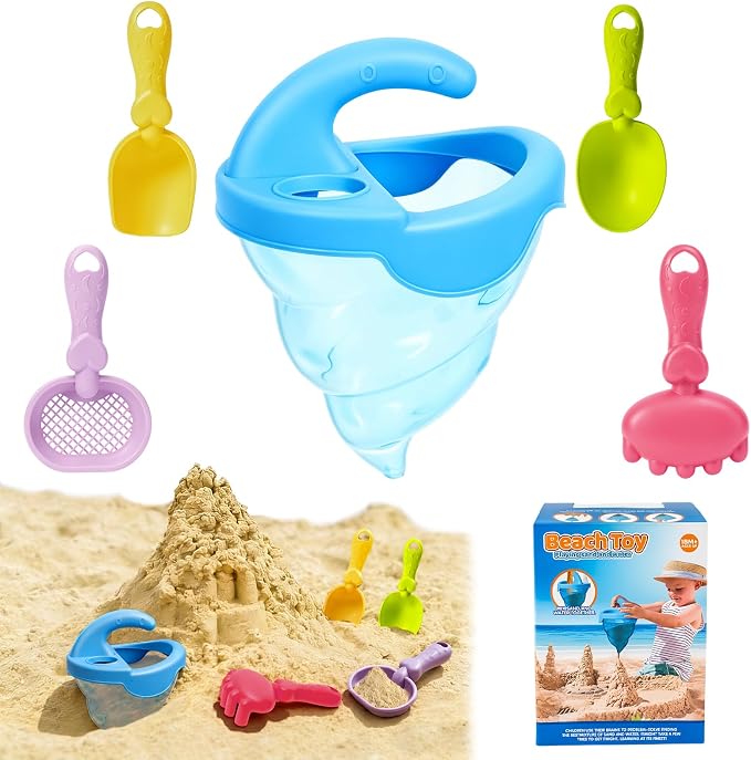 YUTONG Beach Toys for Kids, 5Pcs Sand Spilling Funnel,Set with Shovel Rake Siftersand Spoon,Outdoor Sandbox Toys for Toddlers Age 3+, Pool, Backyard and Summer Beach Activitie