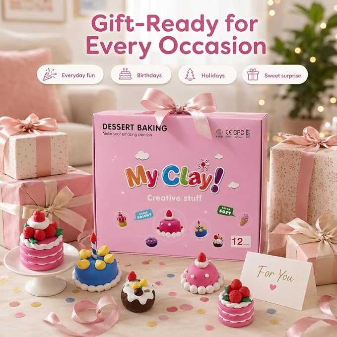 Air Dry Clay Kit for Kids, 12 Dessert Baking Modeling Clay for Kids, DIY Model Magic Clay with Tools and Tutorials, Soft&Non-Sticky, Safe&Non-Toxic Magic Clays,Creatible Art Crafts Toys Gifts