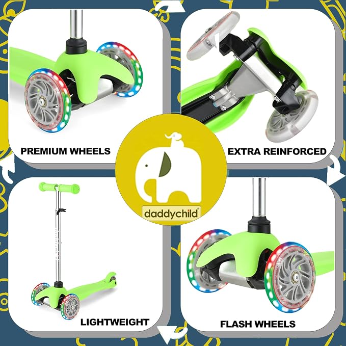 3-Wheel Kick Scooter for Kids Ages 3-8 Lean-to-Steer Toddler Scooter with Extra Wide Light Up Wheels, 4 Adjustable Heights, Foldable Scooters for Boys & Girls, Max Weight 110lbs