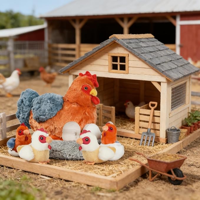 9 in 1 Chicken Stuffed Animal Set, Cute Stuffed Chicken Plush Toy Egg Laying Hen with Zipper and Baby Chicks Toy Chickens Eggs and Chicken Coop Toys for Kids Girls Boys Birthday Christmas Plush Gifts