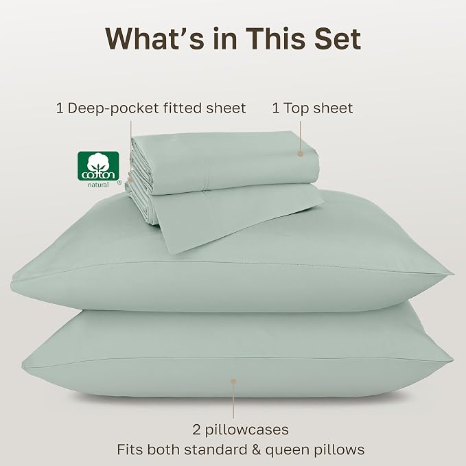 California Design Den Luxury Queen Size Sheets Set - Buttery Soft 800 Thread Count 100% Cotton Sateen, Durable Deep Pocket Sheet Set - Soft Celadon