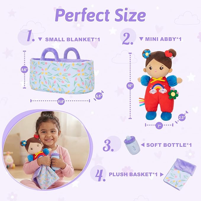 OUOZZZ 10" Soft Baby Doll Set, Hispanic Baby Doll Accessories Toys for 2 Year Olds Girls Birthday Gift, Interactive Pretend Playset for Preschool, Home