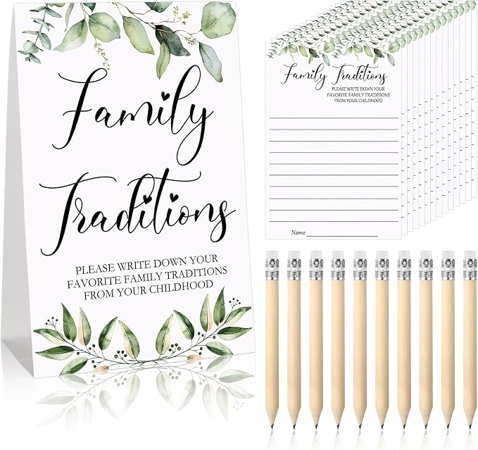 Fumete 61 Pieces Family Tradition Baby Shower Games Include 1 Family Traditions Standing Sign and 50 Activities Cards with 10 Pencils for Gender Reveal Bridal Shower Wedding(Green,Greenery)