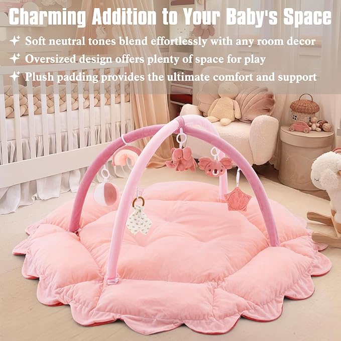5-in-1 Plush Baby Play Gym, Activity Mat with Convertible Gym, Baby Gym 6 Sensory Toys, Play Center for Newborn to Toddler, Light Pink