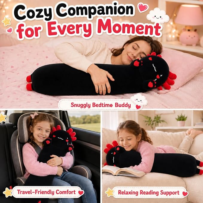 Long Axolotl Stuffed Animals 35.4 Inch, Soft Plush Pillow Cute Body Pillow Gifts for Kids Girlfriend, Black&Red