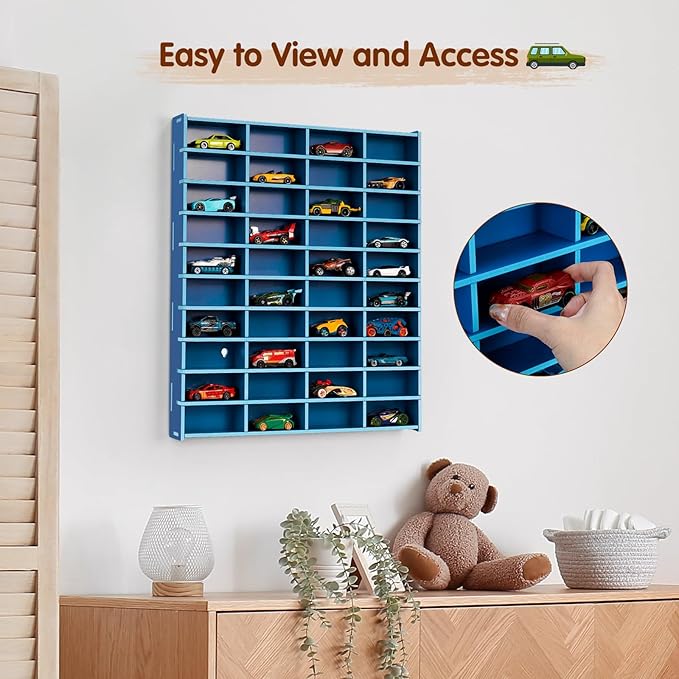 Krafetto Toy Car Display Shelf, Holds 40 Diecast 1/64 Toy Cars, Wall Mount Model Car Storage Organize Case, Blue
