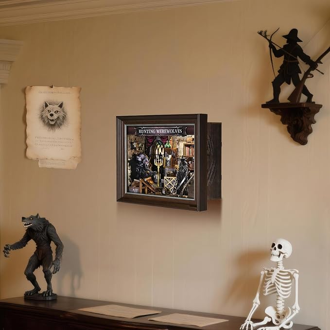 Book Nook Kit-3D Wooden Puzzle with LED Touch Control & Wall-Mountable Frame,DIY Miniature House for Beginners,Bookshelf/Tabletop/Wall Decor for Craft Lovers,Dollhouse Gift,Hunting Werewolves