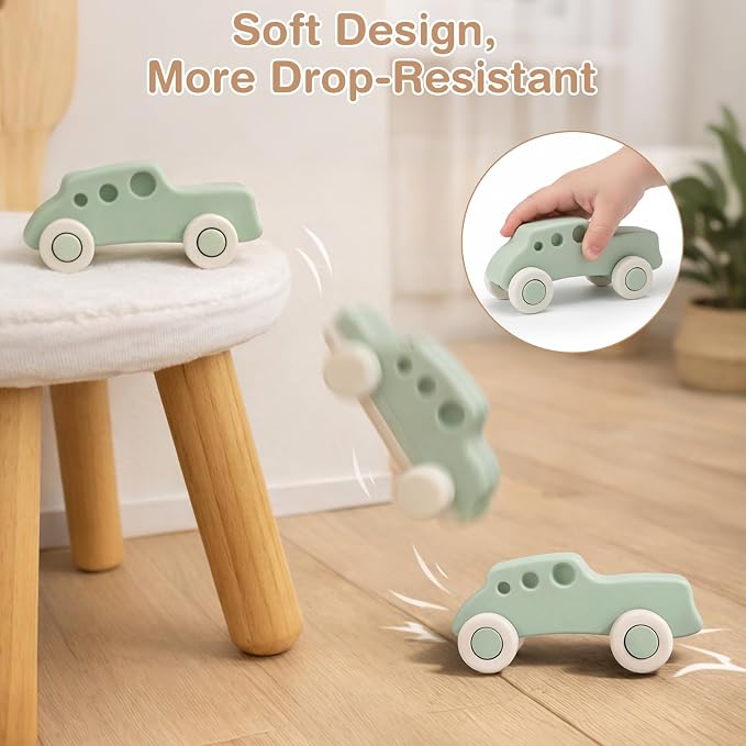 Vanplay Silicone Baby Car Toys with Storage Box - Soft Teething Toys for Babies 6-12 Months, Push & Pull Baby Toys for Toddlers, Birthday Gifts for Boys Girls（4 PCS）