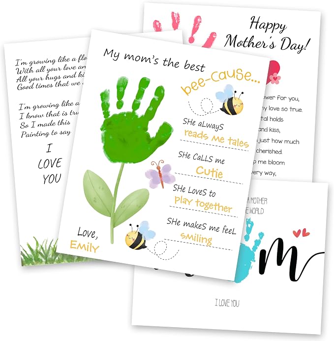 Mothers Day DIY Handprint Kit Gifts from Kids, Pack 4 Flower Handprint Craft Keepsake for Mom or Grandma, Toddler & Preschool Art Activity, Cute Handmade Memory Gifts for Mother’s Day