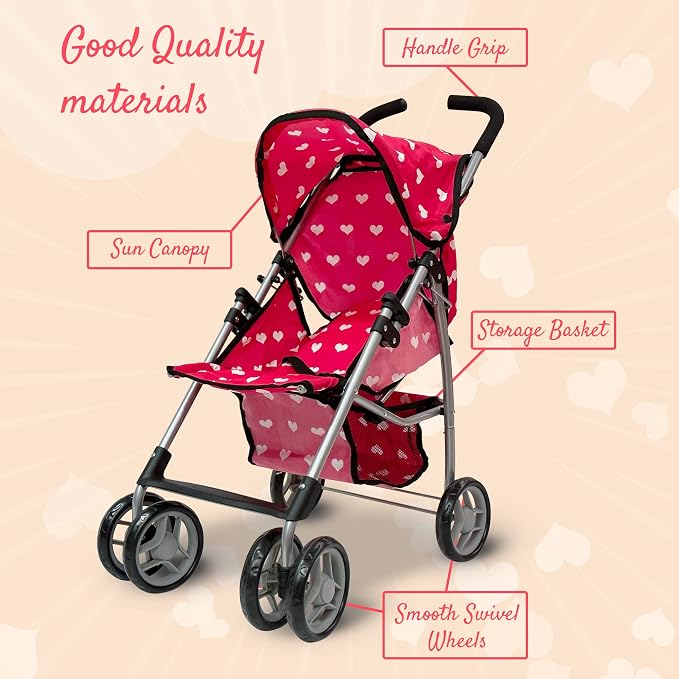 Baby Doll Stroller for Toddler Girls & Big Kids up to 8 Years Old | 28” Baby Stroller for Dolls, Toy Baby Stroller with Cute Pink Hearts Pattern, Storage Basket, Canopy, Handle Grips, Swivel Wheels