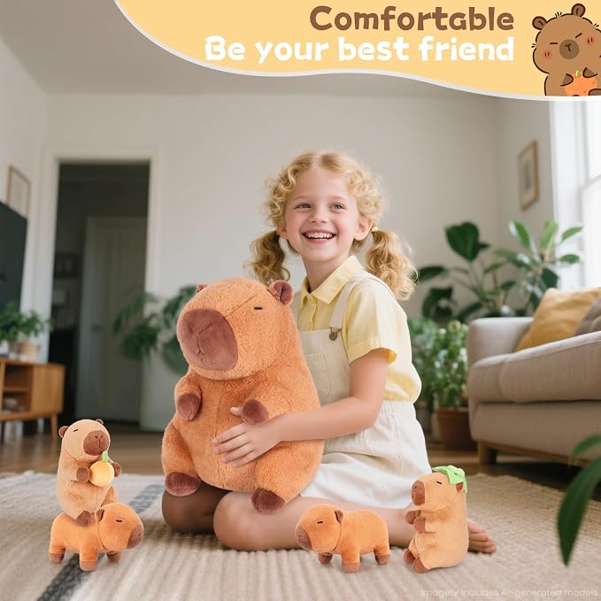 SuzziPals 5-in-1 Sitting Capybara Stuffed Animals with Babies Inside, 5PCS Set Capybara Plush with Mommy & 4 Babie, Soft Pillow Decor, Cute 3 to 8 Year Old Girl Gifts, Imaginative Play Toy(Capibara)