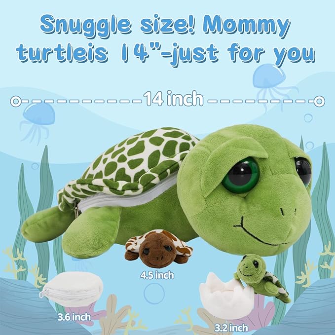 6Pcs Turtle Stuffed Animals with 3 Baby Turtles & 2 Eggs,14" Sea Turtle Plush Pillow Toy with with Zipper Belly, Nesting Ocean Animal Toy for Kids, Birthday Christmas