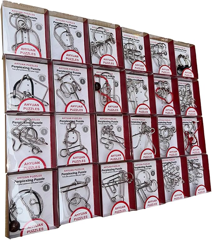 AHYUAN 24 Packs Large Metal Wire Puzzles Brain Teaser IQ Puzzles with Individual Solution Paper Box Gift Package Educational Puzzle Games Fidget Toys Magic Trick Toy Party Favors for Kids Adults