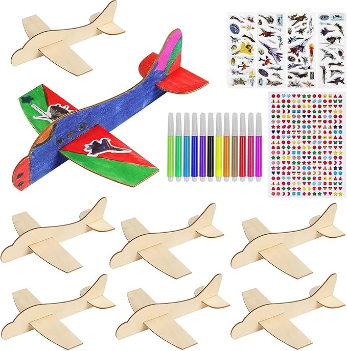 BAPHILE 12 Pack DIY Wood Planes，Mini Airplane Paint and Decorate Wooden Airplane Craft Kits with Decorate Tools for Kids School Craft Decor Projects