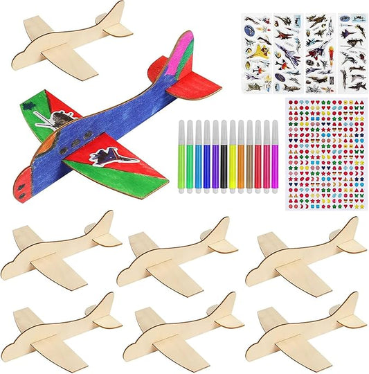 BAPHILE 12 Pack DIY Wood Planes，Mini Airplane Paint and Decorate Wooden Airplane Craft Kits with Decorate Tools for Kids School Craft Decor Projects