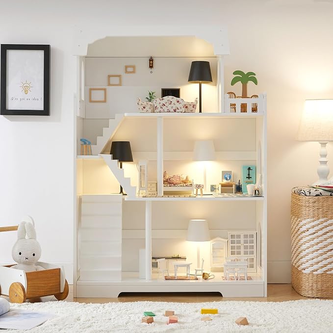 Wooden Dollhouse Bookshelf, 3-Tier Kids Dollhouse Bookcase for Books & Toys Storage Organizer Shelves, Large Doll House for Kids Rooms, Playroom, Nursery, Classroom Gift for Aged 3+