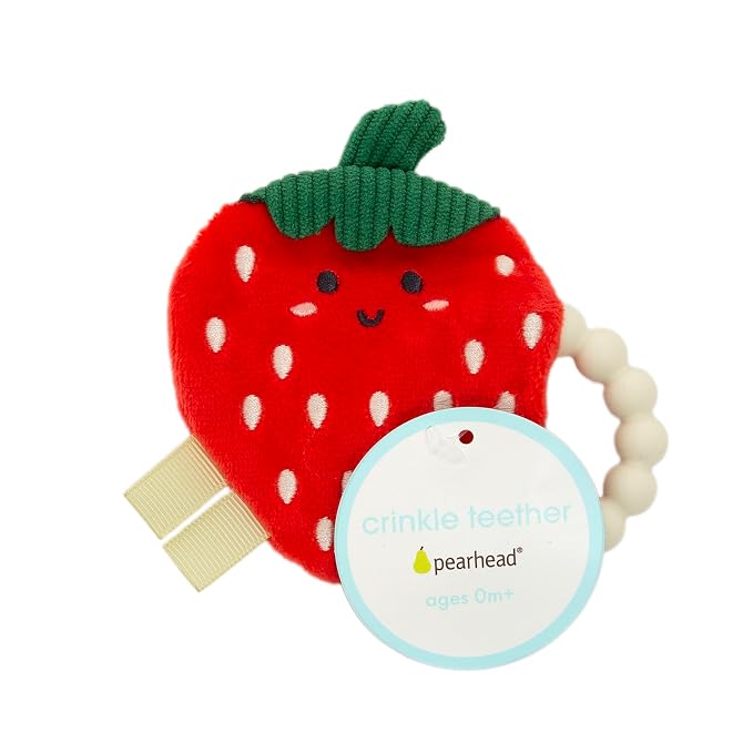 Pearhead Strawberry Baby Teether – Soft Plush Sensory Toy with BPA-Free Silicone Beaded Ring & Crinkle Sound, Soothes Teething Pain, Newborn Essentials for Boys and Girls, 0+ Months