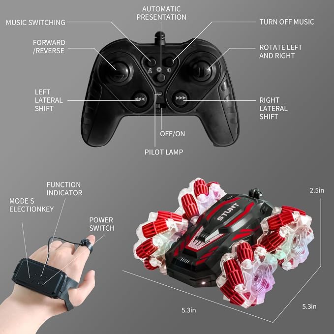 Gesture Sensing RC Stunt Car, 4WD Remote Control Cars, Cool Lighting and Music, Double-Sided Rotating Off-Road Vehicle 360° Flipping Car, Present for Boys and Girls Aged 6-12