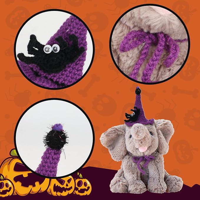 Hopearl Adorable Halloween Plush Calf Elephant Toy with Knitted Witch Hat Floppy Elephish Ultra Soft Haggable Stuffed Animal Gift for Boys Girls Kids Toddlers, Gray, 10''