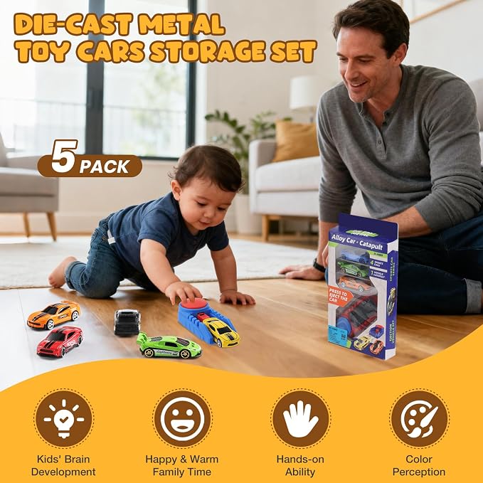 Die Cast Toy Cars with Catapult Launcher (Middle) | 2 die-cast sports cars with a manual press launcher for indoor racing and vehicle-themed play.