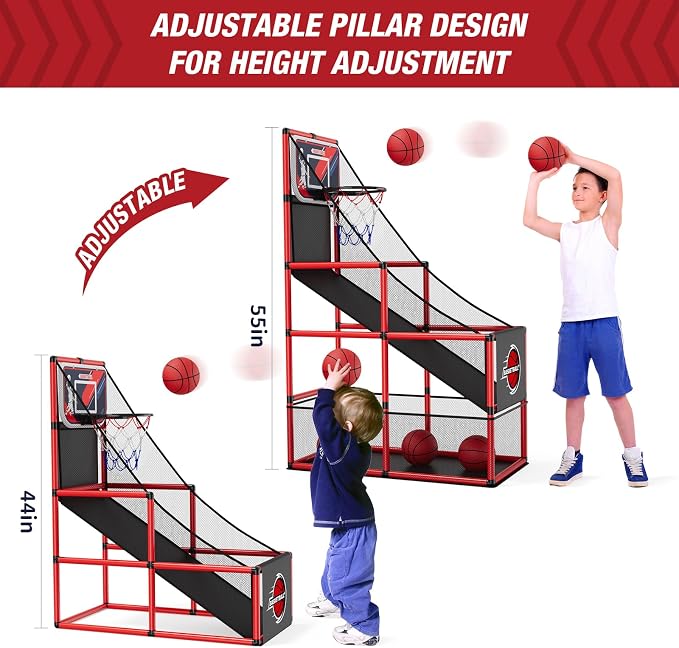 HYES Basketball Arcade Game Indoor Outdoor, Kids Basketball Hoop with 4 Balls & Pump, Single Shot Basketball Game at Home, Carnival Games Sport Toys for Boys Girls Teens