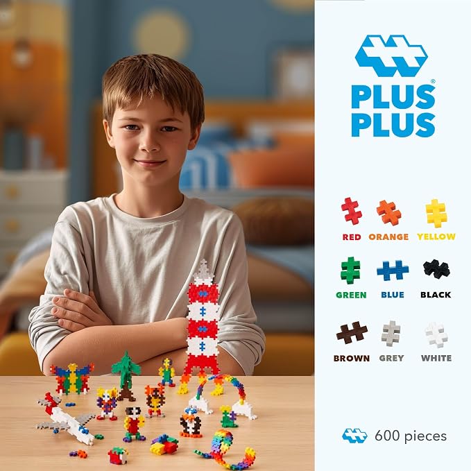 PLUS PLUS 600 Piece Basic Color Mix - Mini Waffle Blocks Set, Stem Toys for Kids - Sensory Bin Fillers, Math Manipulatives & Classroom Must Haves Gifts for Boys & Girls