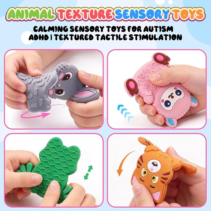12 Pack Animal Texture Sensory Toys for Kids, Toddler Travel Toys for Airplane Car Roadtrip, Silicone Calming Autism Quiet Fidgets for Classroom, Birthday Gifts for Kids Toddlers