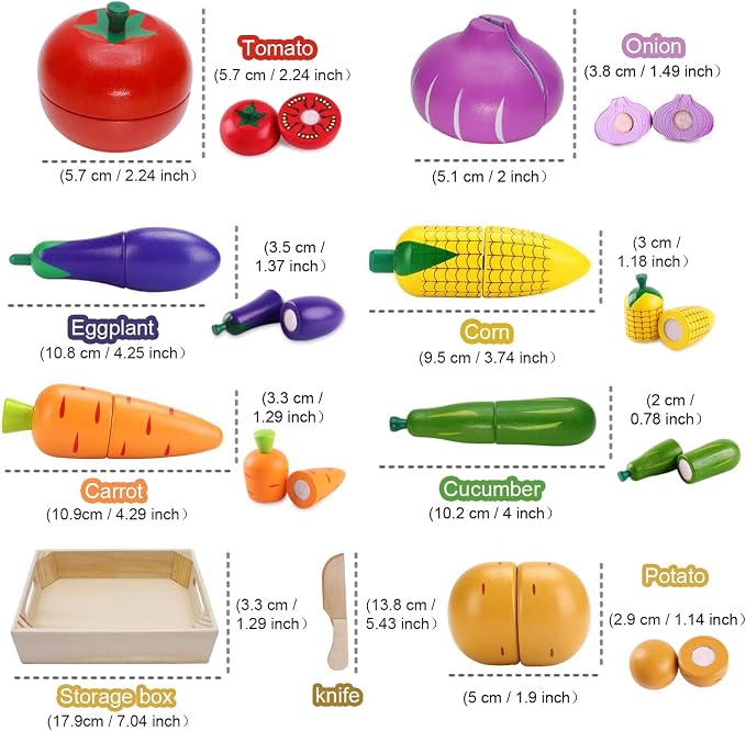 Wooden Play Food for Kids Kitchen Toys for Toddlers Cutting Pretend Toy Food Wooden Fruits Vegetables Gift for Boys Girls Educational Toys