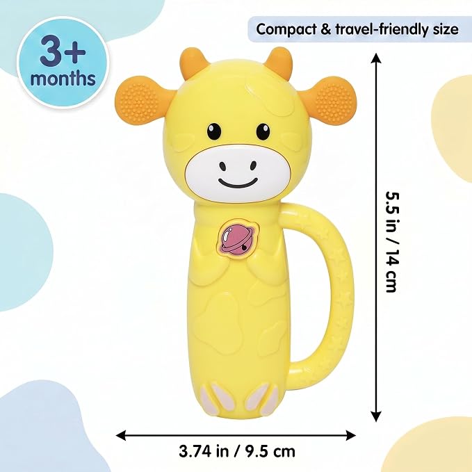 MooMoo Baby Musical Toy, 4‑in‑1 Light‑Up Sensory Toy & Teether for 3–24 Month Babies, BPA‑Free with Easy‑Grip Handle, Cute Cow‑Shaped Travel Toy for Car Seat & Stroller (Yellow)