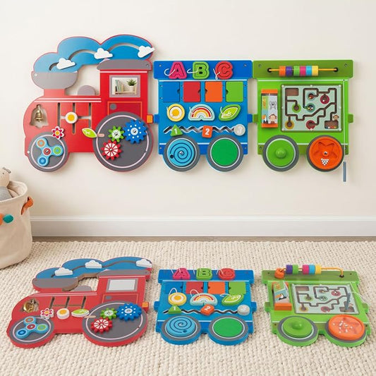 WOODENFUN Wooden Activity Wall Busy Board for Toddlers, 17 in 1 Train Montessori Sensory Wall Panel with Bead Maze, Baby Activity Center Learning Toys for Boys Girls