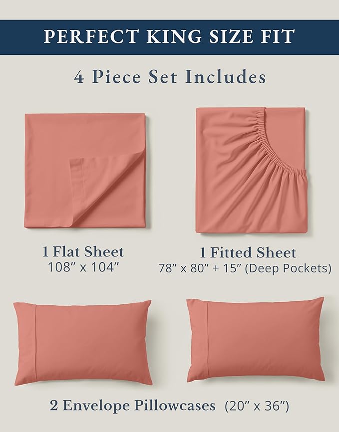 LANE LINEN 100% Organic Cotton Fully Elasticized King Sheet Set, Low Pilling Fade Resistant Machine Washable Naturally Cooling King Bedding Set, Mercerized Soft & Comfy Cotton Sheets – Rose Dawn | King Sheet Set, 100% Organic Cotton Percale - Crisp Hot...