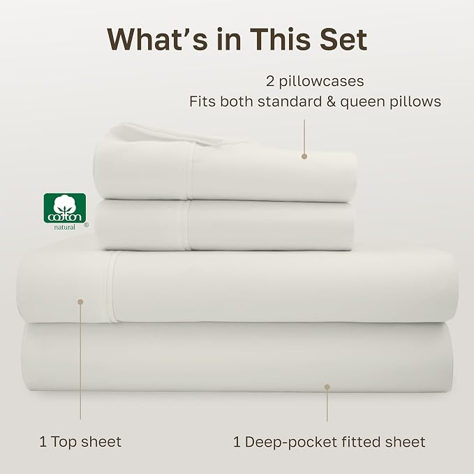 California Design Den Soft 100% Cotton Queen Sheet Set, 400 Thread Count Good Housekeeping Award Winner, Silky Sateen Weave with Deep Pockets, Long Staple Cotton Bed Sheet Set - Ivory (Pale Tone)