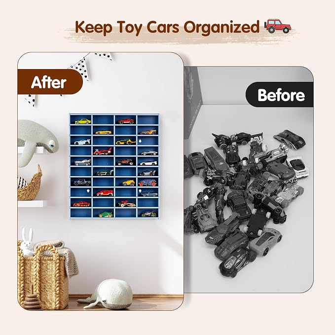 Krafetto Toy Car Display Shelf, Holds 40 Diecast 1/64 Toy Cars, Wall Mount Model Car Storage Organize Case, Blue