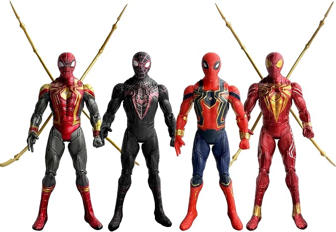 4PCS Spider Hero Action Figures Set, 7 Inch Movable Superhero Figurines with Display Base, Multi Suit Collectible Toys for Fans, Desk Decoration and Gifts