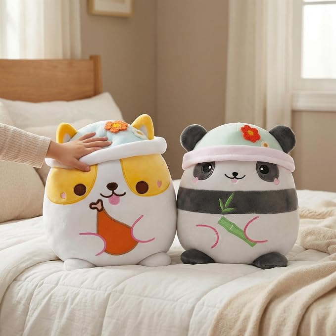 AIXINI Animal Plush Toys Set - Panda, Brown Bear, Bunny, Corgi, Pink Cat with Cute Hats, Soft Stuffed Animals for Kids, Christmas Birthday Gifts (Five-in-one, Medium Size)