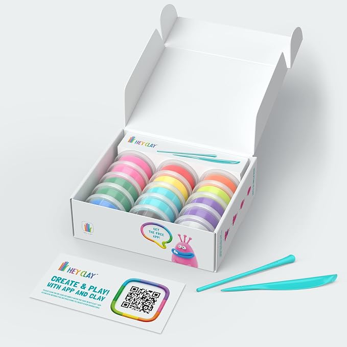HEY CLAY Set - Colourful Modeling Air Dry Clay Kit for Kids 15 cans and Sculpting Tools with Fun Interactive Instructions App - Children 3+ (Monsters)