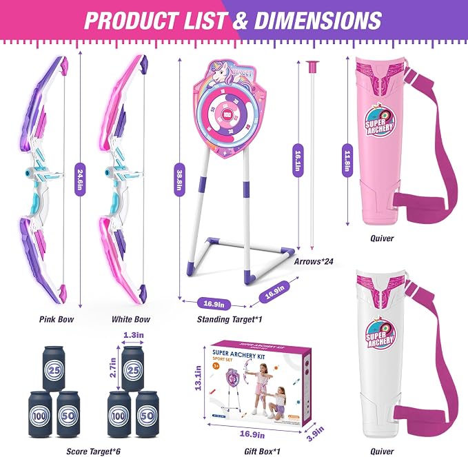 HYES 2 Pack Bow and Arrow for Kids 4-6, LED Light Up Archery Set with 24 Suction Cup Arrows, 1 Unicorn Standing Target, 6 Score Targets & 2 Quiver, Indoor Outdoor Sport for Girls Ages 8-12
