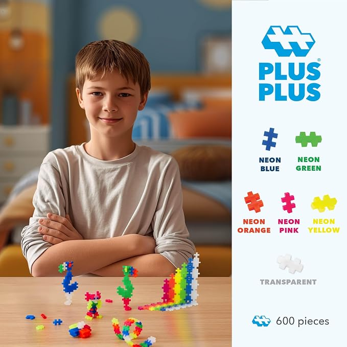 PLUS PLUS 600 Piece Neon Color Mix - Mini Waffle Blocks Set, Stem Toys for Kids - Sensory Bin Fillers, Math Manipulatives & Classroom Must Haves Gifts for Boys & Girls