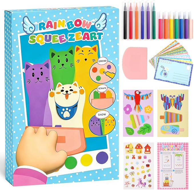 Rainbow Squeeze Art Kit, DIY Creative Scratch Art Kit for Kids, Magic Artistic ＆ Creative Squeegee Painting Set, for Drawing ＆Postcards, Favors Novelty Gifts for Boys ＆ Girls (Blue)