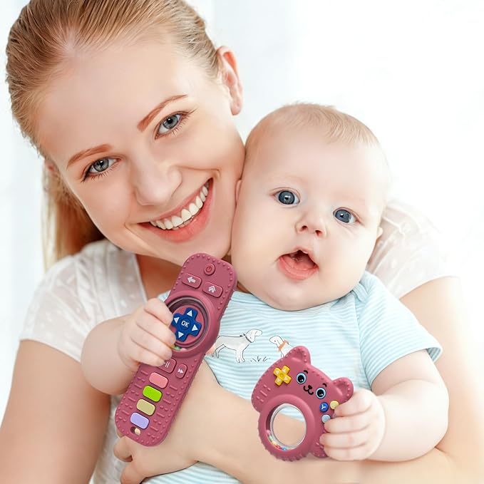 MISSLILI 2 Packs Teething Toy for Babies 0-6-9-12 Months, Silicone Baby Rattles Teether, Teething Relief Infant Toddles TV Remote Control Teether for 3-24 Months