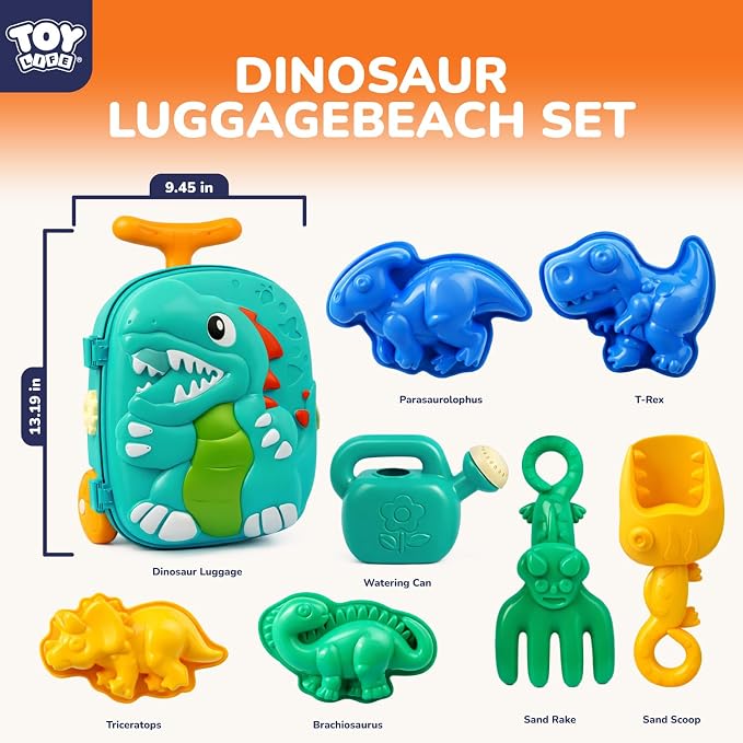 TOY Life Dinosaur Suitcase Travel Sand Toy for Kids Beach Toy with Luggage with Wheels, Water Gear STEM Play Water Table, Shovels, Can, Sand Molds, Sandbox Beach Summer Toys for Toddlers Ages 3-8