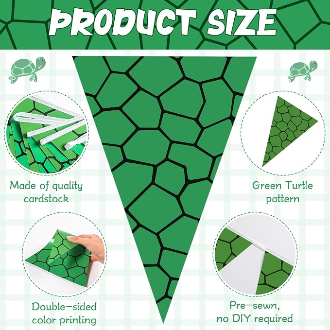 Tiamon 5 Pcs Green Turtle Birthday Banner Decoration Sea Turtle Themed Pennant Bunting 49.2 Ft Green Teenage Mutant Turtles Triangle Flag for Kids Birthday Teenager Cartoon Party Decoration