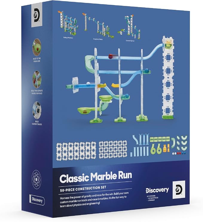 Discovery Marble Run Race Track – 58-Piece Marble Maze Construction Set| 6 Marbles| STEM Learning Activity| Sensory Toy Building Kit| Educational Physics & Engineering Toy for Kids Ages 6+