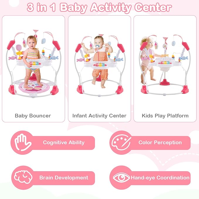 HONEY JOY Baby Bouncer Activity Center, Infant Jumper and Table w/ 360° Rotary Seat, 3 Adjustable Heights, Mat, Music, Lights, Sounds & Developmental Toys, Activity Center for Babies (Pink)