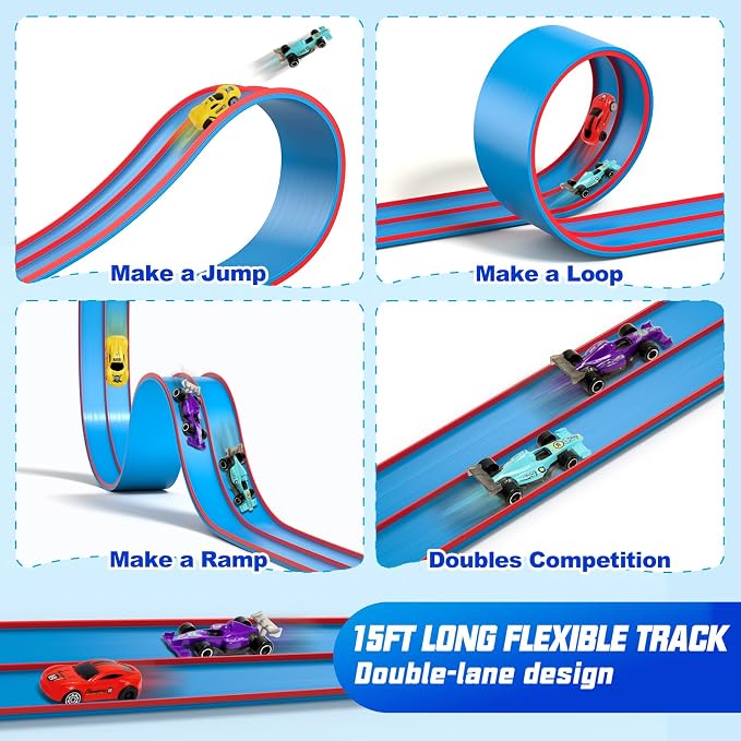 Sunrad 15Ft Flexible Race Car Track Toys for Kids with 4 Car & Suction Cups, Flex Tracks Starter Set Compatible with 1:64 Diecast Cars Portable Rolls Up DIY Racetrack, Gift for Boys Girls Age 3-5 4-8+