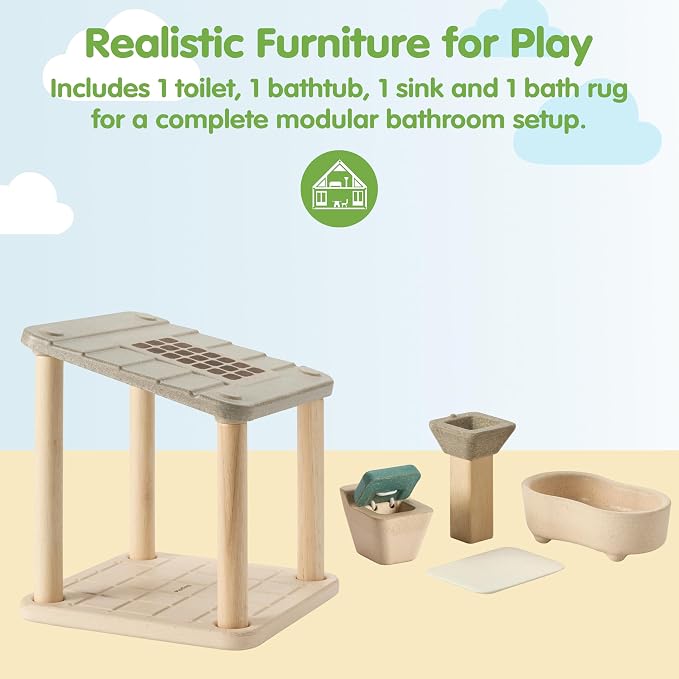 PlanToys® Wooden Dollhouse Bathroom Room Set | Bath, Toilet, Sink & Accessories Furniture Set | Open Ended Role Play Room for Dollhouse Expansion