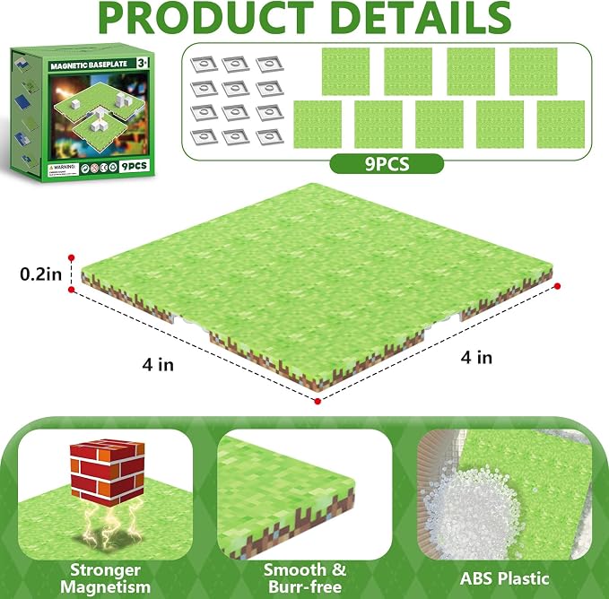 9 Pack Magnetic Blocks Baseplate, Magnetic Cubes Plate for Minecraft Magnetic Building Blocks-Baseplate 4" x 4", STEM Magnet Toys for Kids Boys Girls Age 3+ Years Old Christmas Birthday Gifts