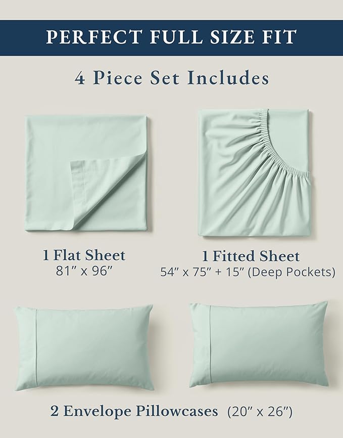 LANE LINEN Full Sheet Set 100% Organic Cotton Percale Cooling - Cool Blue | Full Sheet Set, Organic Cotton Percale - Crisp, Cool & Breathable, For Hot Sleepers, All-Season Comfort, For Guest Bedrooms