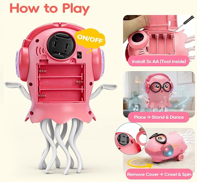 GONINO DJ Dancing Jellyfish Baby Girl Toys, Musical Crawling Tummy Time Toys with LED Light & Smart Obstacle Avoidance, 360° Spin Sensory Toys for Toddlers Kids, Birthday Gifts for Girls, Pink